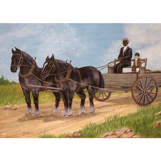 American folk art oil painting depicting an African American man and young white boy traveling by horse-drawn wagon,...