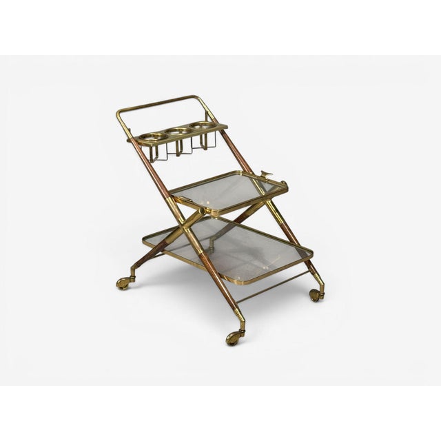 Mid-Century Modern Italian Modern, Bar Cart, Teak, Brass, Glass, Italy, 1950s For Sale - Image 3 of 10