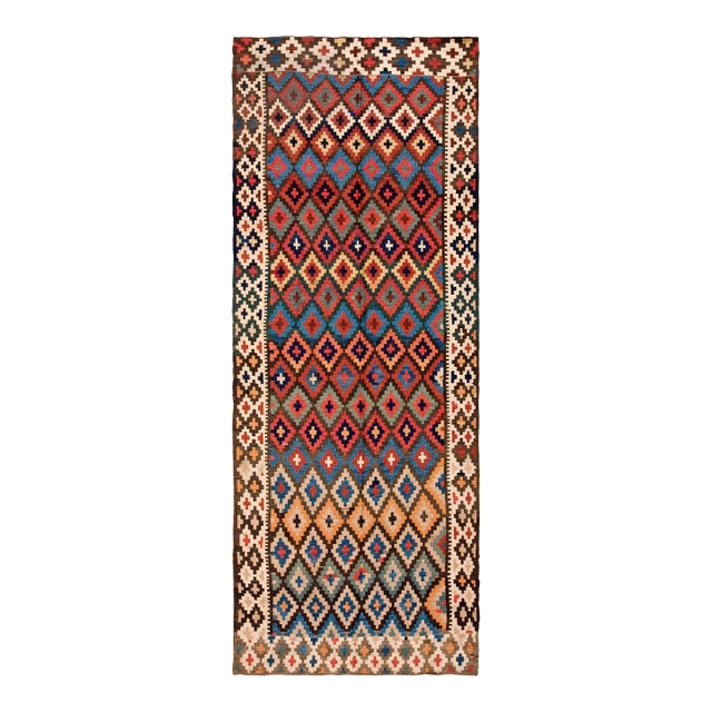 1930s Multicolor Diamond Tribal Antique Kilim n.w. Persian Rug 4'6" X 11'6" Flat Weave Wool Carpet For Sale