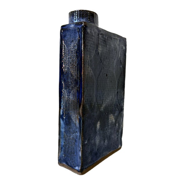 1989 Vintage Blue Glazed Geometric Bottle-Shaped Studio Pottery Vase, Signed For Sale