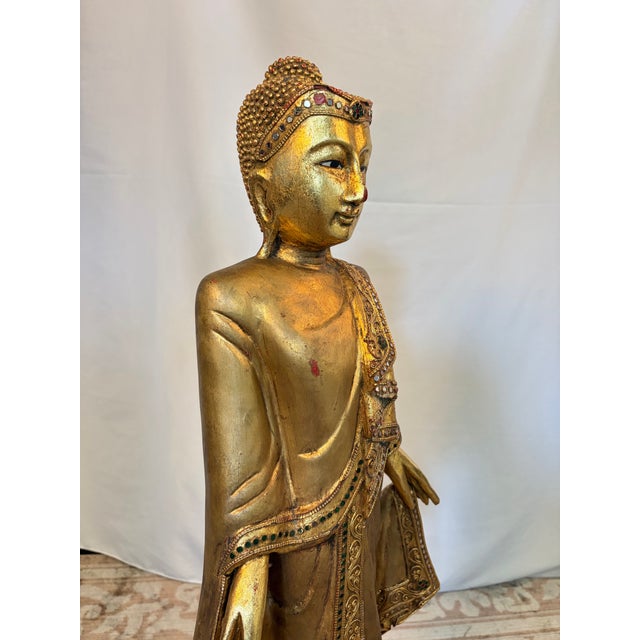 Chinoiserie Early 20th Century Burmese Mandalay Standing Gilt Wood Buddha Sculpture For Sale - Image 3 of 11