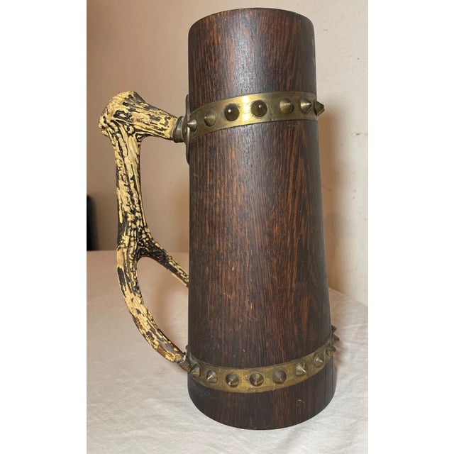 Antique 1800's Handmade German Carved Wood Stag Horn Brass Stein Tankard Pitcher For Sale In New York - Image 6 of 10