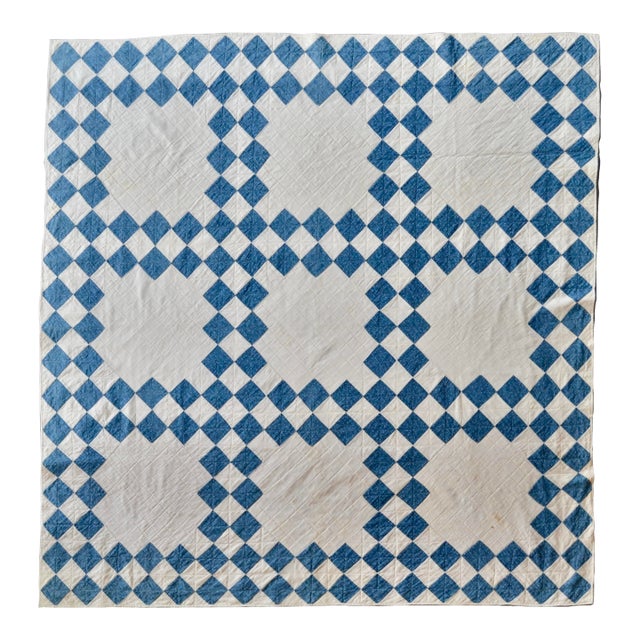 1940s Indigo and White Double Irish Chain Antique Quilt - For Sale