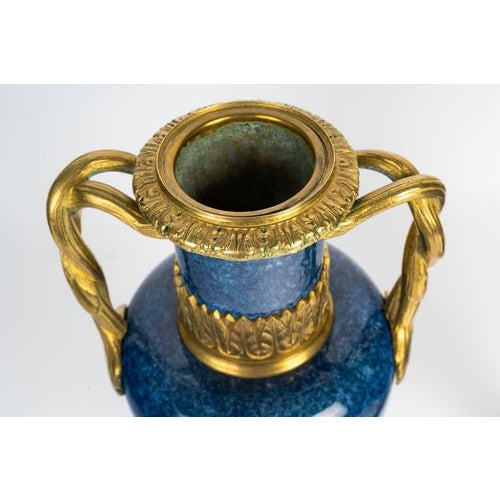 Metal Louis XVI Blue Ceramic and Gilded Bronze Vases, Set of 2 For Sale - Image 7 of 9