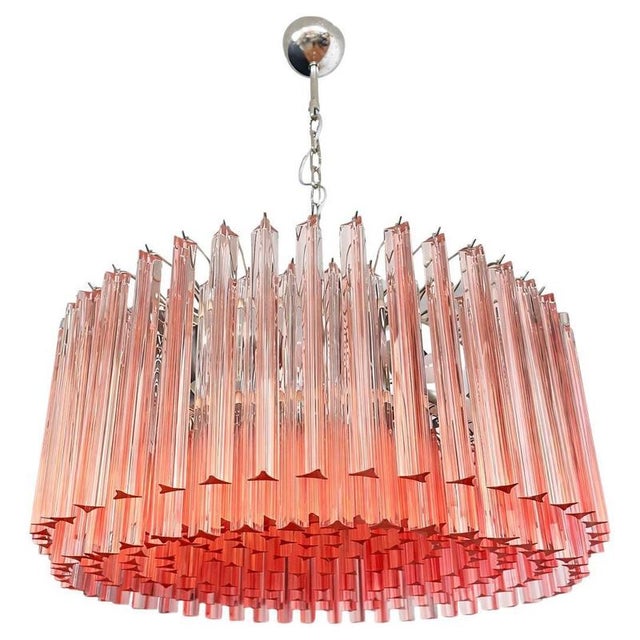 Triedri Murano glass chandelier, 265 pink prism A magnificent Murano glass chandelier, 265 pink triedri on crome frame....