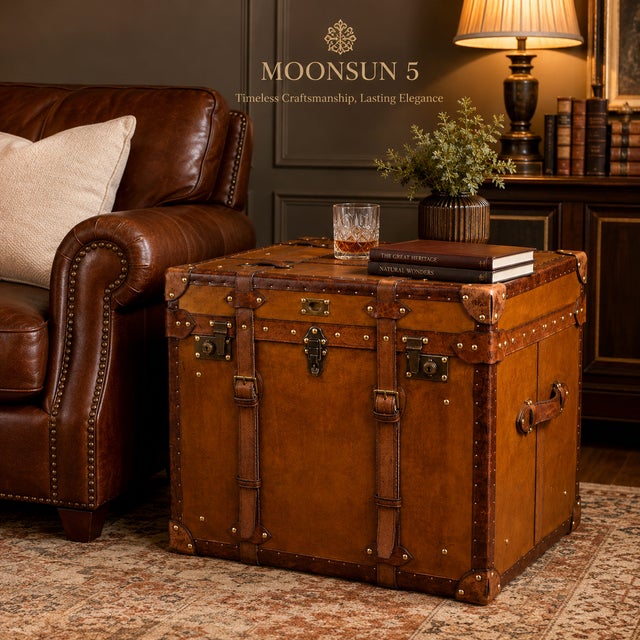 Animal Skin Handmade Leather Storage Trunk Side Table, Vintage English Belted Chest, Tan Leather Occasional Table, Brass Hardware Campaign Furniture For Sale - Image 7 of 8