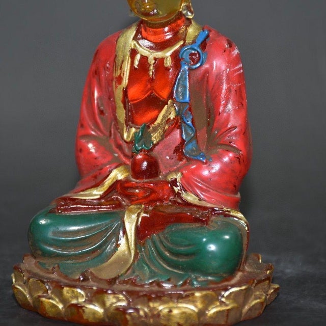 Colored-Glass Buddha Figurine — Seated on Lotus Throne, Red & Gold Robes For Sale - Image 9 of 9