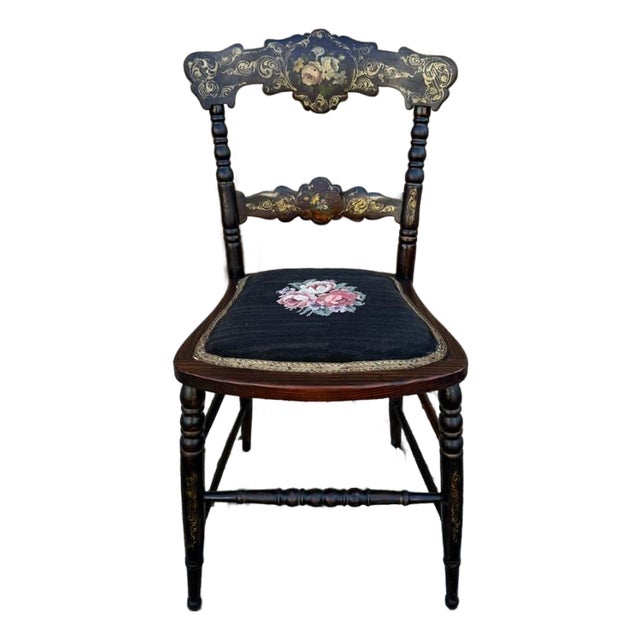 Antique Victorian Style Floral Decorated Grain Painted Side Chair For Sale