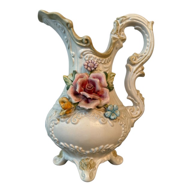 Vintage Capodimonte Floral Ewer Pitcher, Made in Italy, Gilt & Applied Flowers For Sale