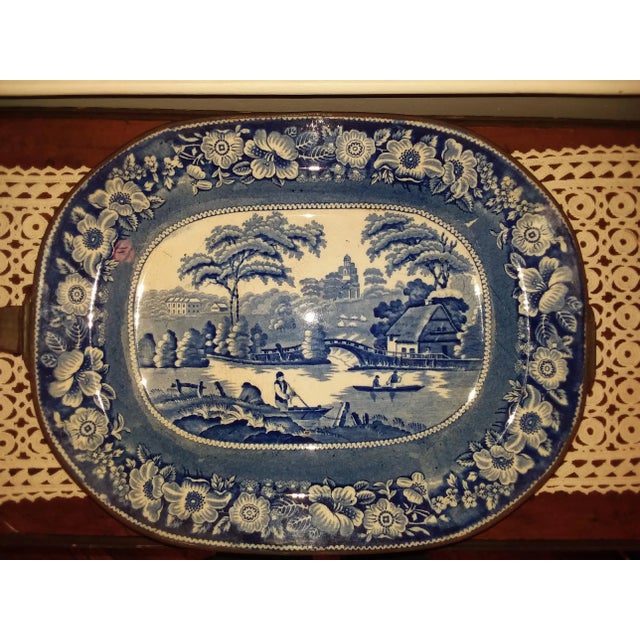 Unusual large Staffordshire blue and white transfer ware platter / warming pan. This platter is seamlessly fitted into the...