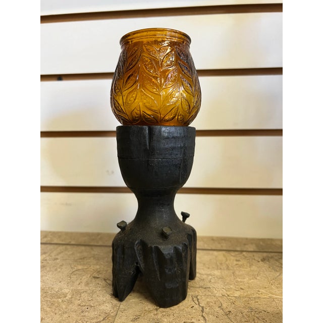 Vintage hand carved wood votive candle holder in Spanish Revival Gothic style. Holder is embellished with four nail heads....