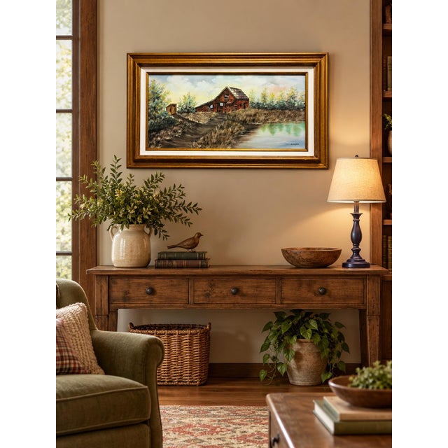 Vintage signed “Cooper” oil painting featuring a weathered barn beside a tranquil pond and woodland landscape. Warm rustic...