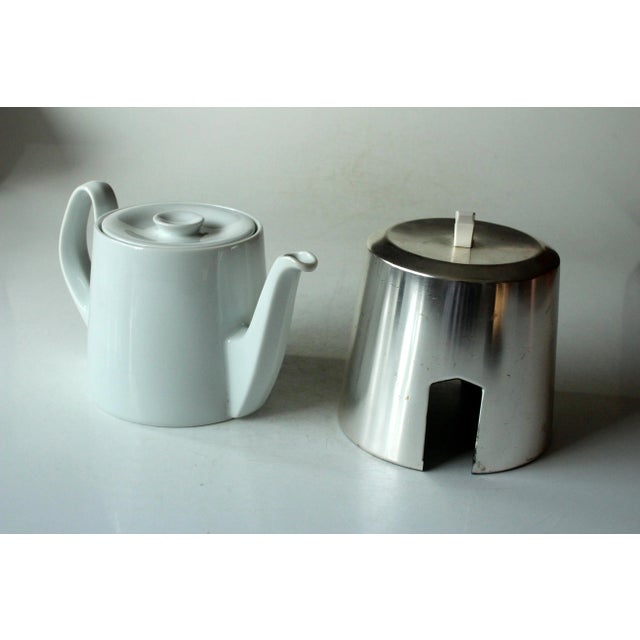 1930s Antique German Porcelain Tea Pot With Metal Warming Hood For Sale - Image 6 of 11