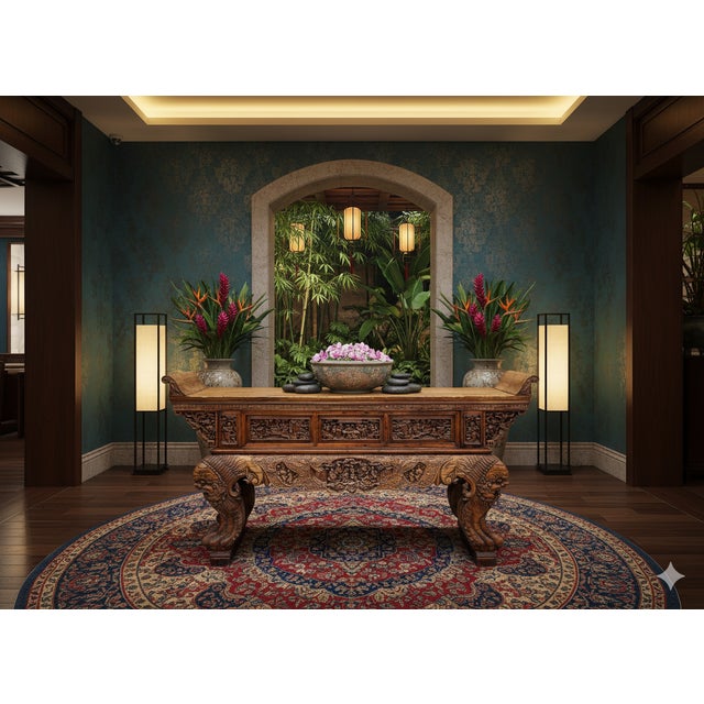 Chinese Vintage Opera Scenery Lion Heads Carving Long Altar Console Table For Sale - Image 14 of 14