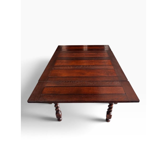 Jacobean Vintage 1930s Jacobean Solid Oak Barley Twist Draw Leaf Dining Table Completely Restored. For Sale - Image 3 of 12