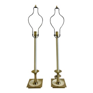 1960s Tall White Brass Candlestick Table Lamps Attributed to Rembrandt Unmarked - a Pair For Sale