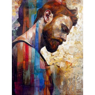 The Space Between by Jon Wassom | Mixed Media on Panel portrait of a man with a beard For Sale