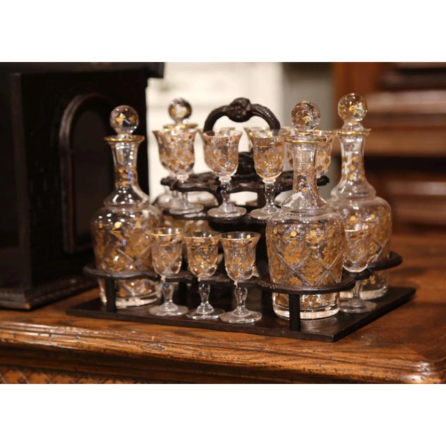 Wood 19th Century French Black Forest Walnut Cave À Liqueur With Gilt Crystal Service For Sale - Image 7 of 11