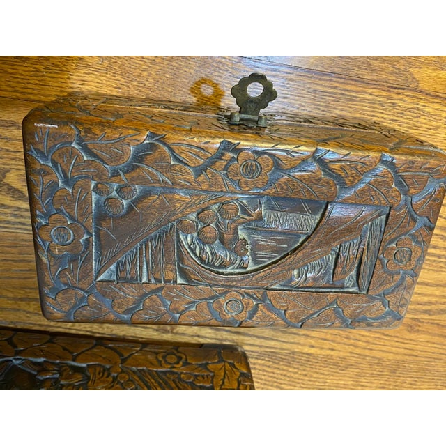 Mid 20th Century Mid 20th Century Vintage Asian Large Handmade Carved Wooden Boxes Set of 3 For Sale - Image 5 of 10