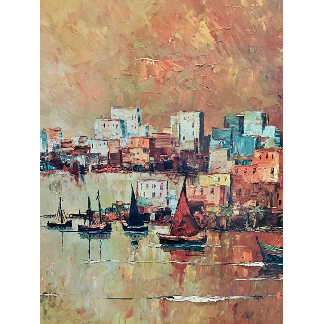 1960s 1960s Harry Winkler “CasaBlanca” Morocco MCM Print 0f Painting With Wooden Frame Urban Seaport Landscape For Sale - Image 5 of 9