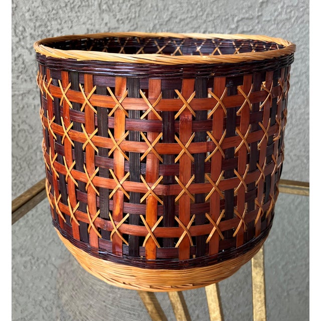 Mid 20th-Century Lacquered Rattan Geometric Design Cachepot / Planter ...