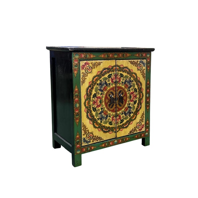 Tibetan Style Green Floral Mandala Graphic End Table Nightstand For Sale - Image 4 of 10