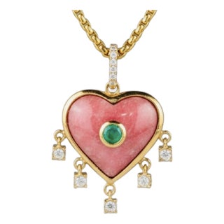 Rhodochrosite Heart Pendant With Emerald, Diamonds & 14k Gold For Sale