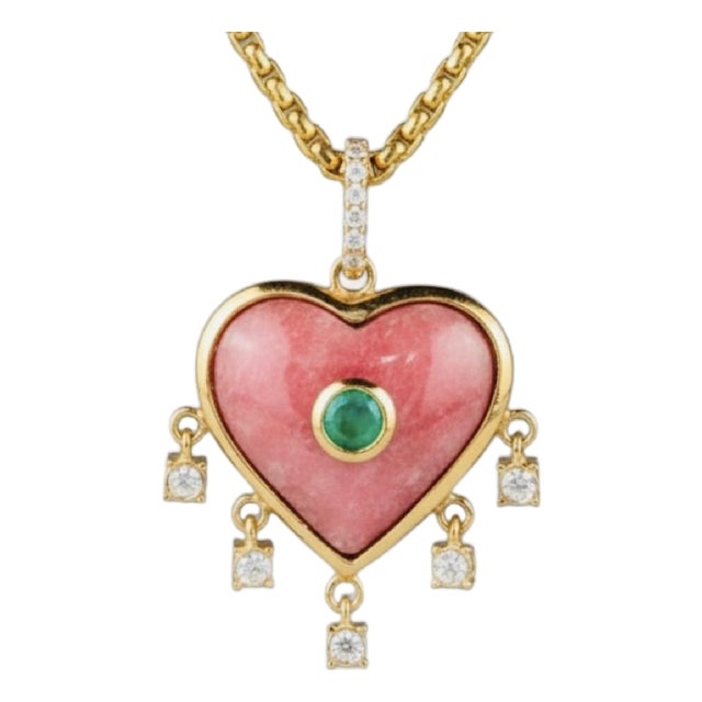 Rhodochrosite Heart Pendant With Emerald, Diamonds & 14k Gold For Sale
