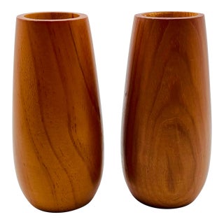 Pair of Mid Century Modern Teak Candle Holders For Sale