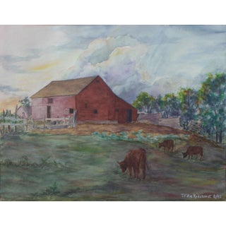 Mid 20th Century Red Farmhouse Landscape Painting by Thelma Fike Rodehorst For Sale
