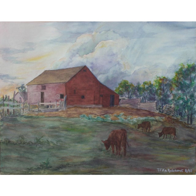 Mid 20th Century Red Farmhouse Landscape Painting by Thelma Fike Rodehorst For Sale