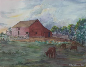 Mid 20th Century Red Farmhouse Landscape Painting by Thelma Fike Rodehorst
