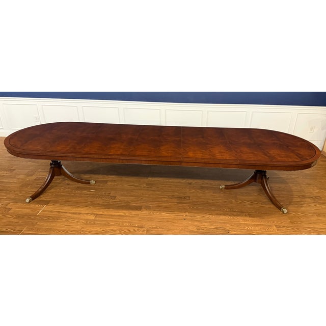 Brown Traditional Oval Banded Mahogany Double Pedestal Dining Table by Leighton Hall -Showroom Sample For Sale - Image 8 of 18