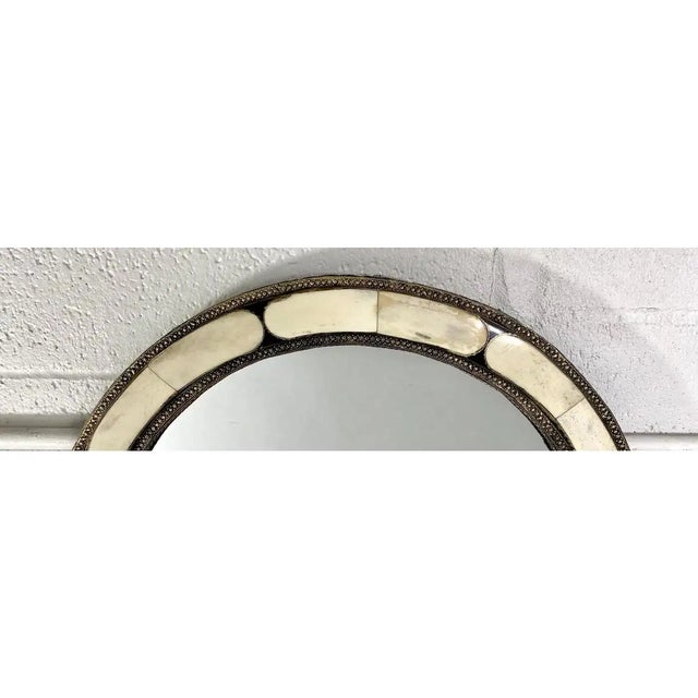 Art Deco Style Round White Frame & Antiqued Brass Filigree Inlay Mirror, a Pair For Sale - Image 4 of 11