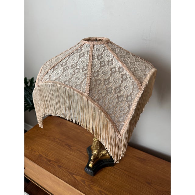 Mid 20th Century Victorian Footed Marble and Brass Table Lamp With Fabric Fringe/Tassel Lamp Shade For Sale In Houston - Image 6 of 11