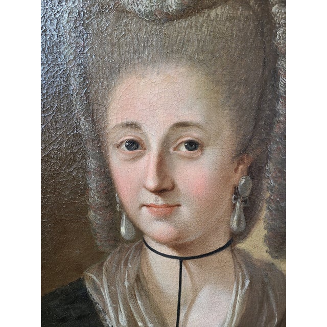 Realism Antique 18th Century Oil Painting Portrait of a Lady in Pearl Earrings For Sale - Image 3 of 12