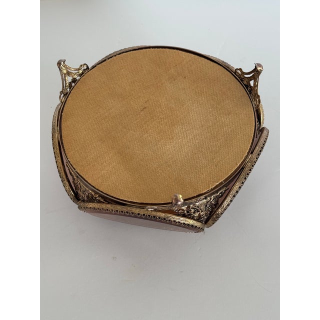 Gold Ormolu Gold Filigree Beveled Glass Jewelry Casket 5-Sided Round Trinket Box, 1960s For Sale - Image 8 of 8