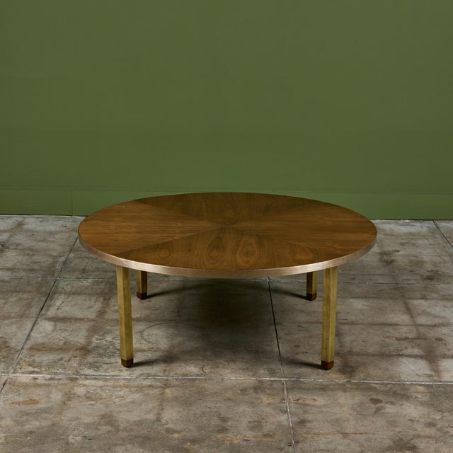 Round Walnut Coffee Table With Brass Detail For Sale In Los Angeles - Image 6 of 12