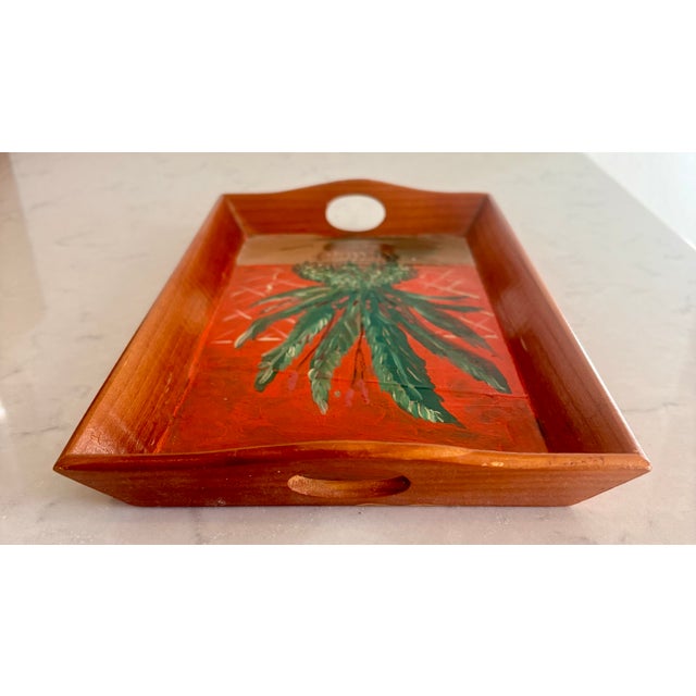 Brown 1980s Folk Art Hand Painted Wooden Tray With Inset Handles, Signed by Artist For Sale - Image 8 of 15