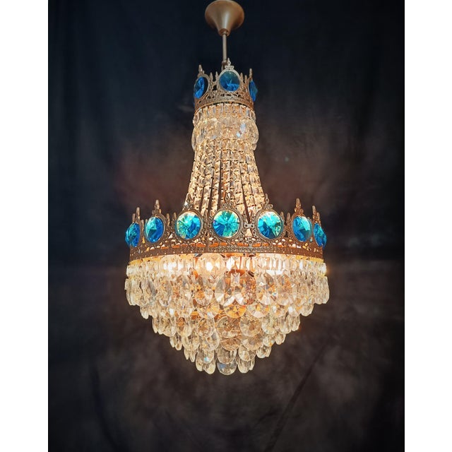 Aqua Vintage Brass Aqua Blue Crystal Chandelier For Sale - Image 8 of 12