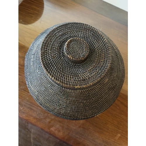 Vintage 17.5" Philippines Ifugao Rattan Woven Lidded Basket on Stand For Sale In Minneapolis - Image 6 of 12