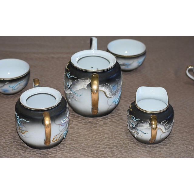 Vintage Japanese Satsuma Moriage Dragonware Raised Blue Eye Dragon 17 Piece Tea Set For Sale - Image 9 of 12