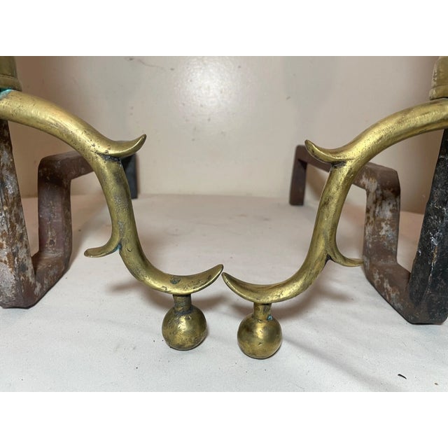 Large Pair of Antique 1700's Peened Brass Iron Federal Double Lemon Andirons For Sale - Image 13 of 14