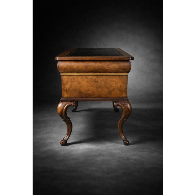 Queen Anne Late 20th Century Queen Anne Style Burl Wood Executive Desk With Tooled Leather Writing Surface For Sale - Image 3 of 9