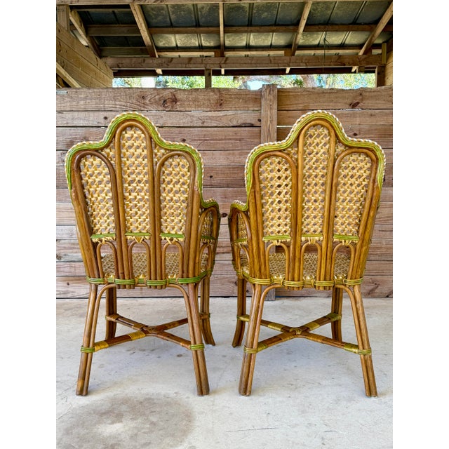 Rustic European Vintage French-Style Rattan Bistro Side Arm Chairs With Handwoven Cane – Pair For Sale - Image 3 of 12