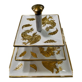 White Porcelain Gold Rooster Tri Level Serving Tray Exclusive of Italy Saks Fifth Avenue For Sale