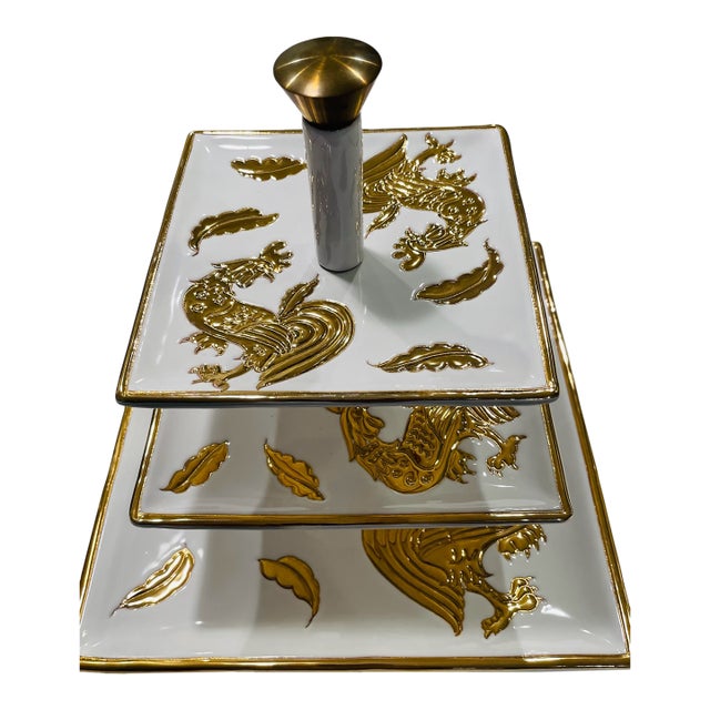White Porcelain Gold Rooster Tri Level Serving Tray Exclusive of Italy Saks Fifth Avenue For Sale