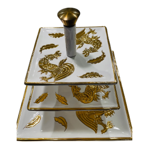 White Porcelain Gold Rooster Tri Level Serving Tray Exclusive of Italy Saks Fifth Avenue