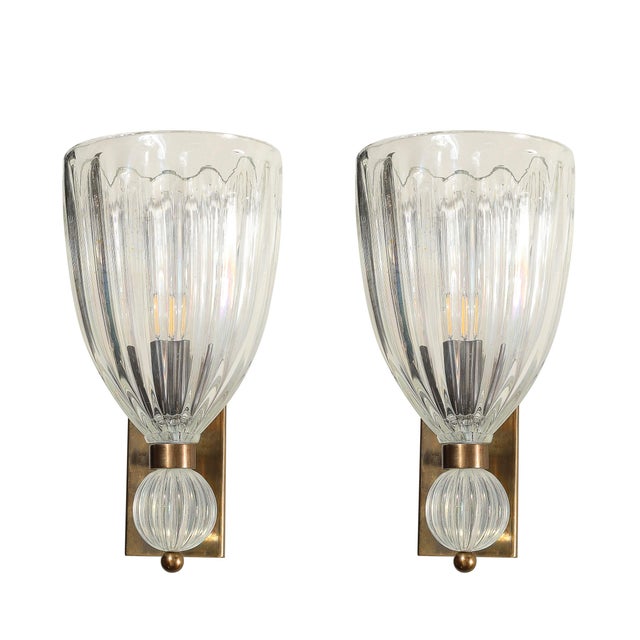Modernist Brass Handblown Iridescent Vintage Murano Glass Orbital Drop Sconces For Sale - Image 10 of 15