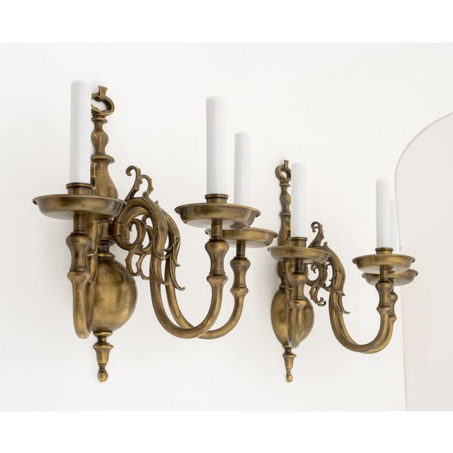 Bronze Pair of Dutch Style Bronze Three-Branch Wall Sconces For Sale - Image 8 of 10